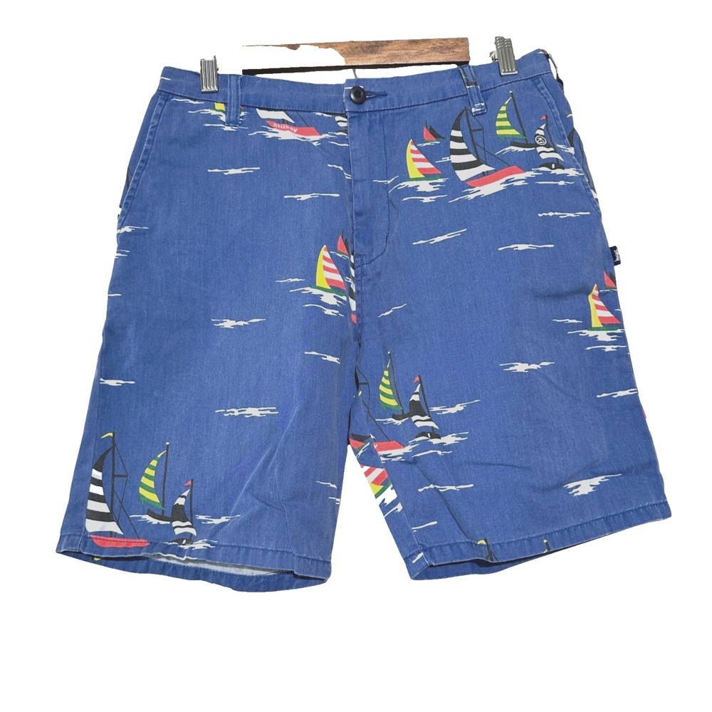 STUSSY Mens Chino Shorts Blue Sailing Preppy 8" Inseam Cotton Boat Size 30